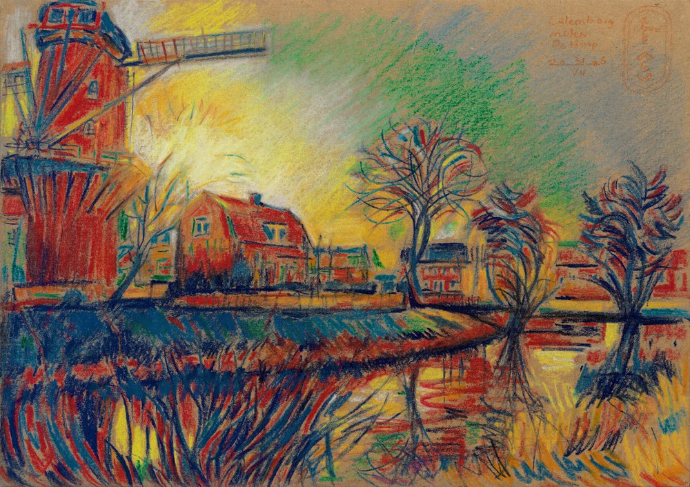 Vibrant Windmill Village Scene by Corné Akkers