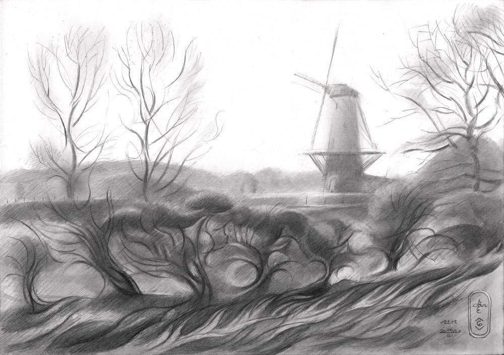 Winter Windmill Drawing by Corné Akkers