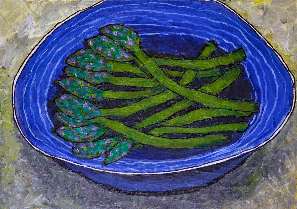 Green Asparagus In Blue Bowl by Dale Hefer & Family