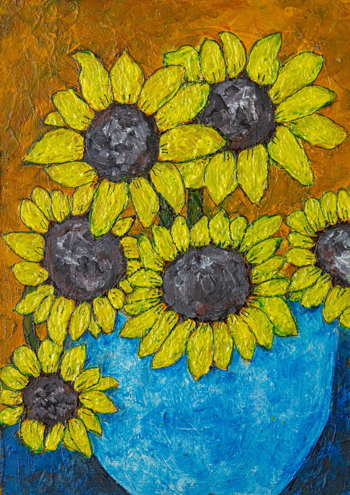 Sunflowers in Blue Vase by Dale Hefer & Family