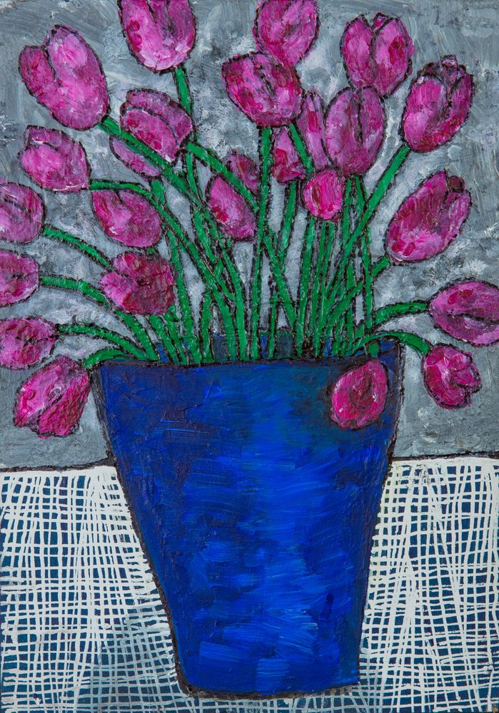 Tulips In Blue Vase by Dale Hefer & Family
