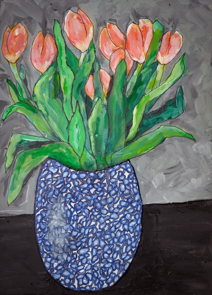 Vibrant Tulips In Blue Vase by Dale Hefer & Family