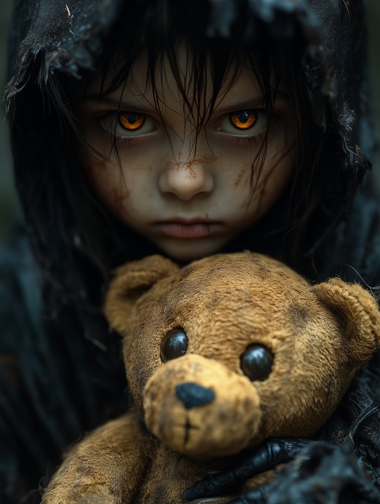 Eerie Child And Bear by David Drake