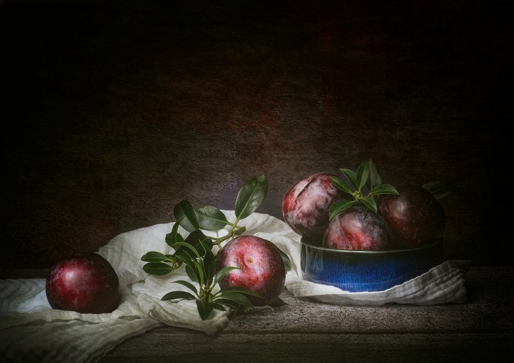 Moody Plums Still Life by Denis O Reilly