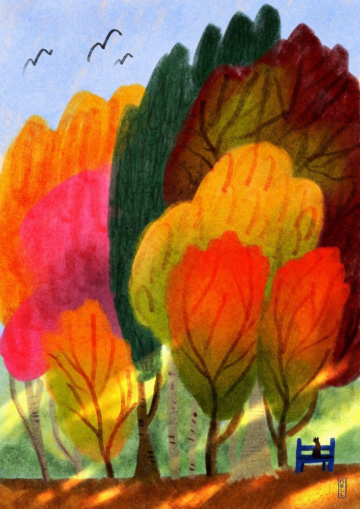 Cat On a Park Bench and Summer Trees by Dirkie Nell