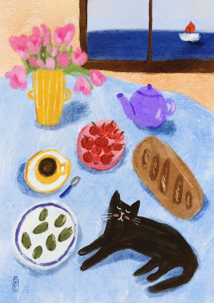 Relaxing Seaside Cat Breakfast by Dirkie Nell