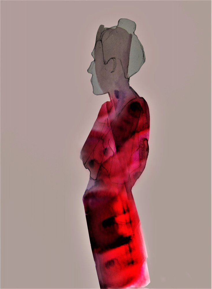 Contemplative Red Woman by Doris Schmitz