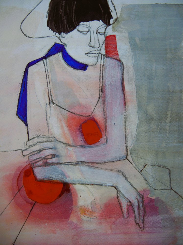 Contemplative Woman in Red by Doris Schmitz