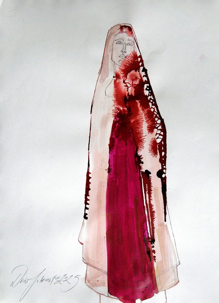 Crimson Draped Figure by Doris Schmitz