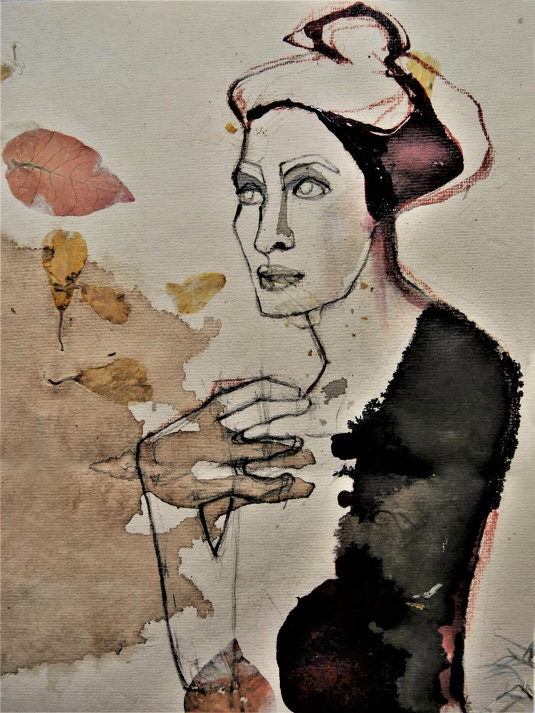 Pensive Woman With Leaves by Doris Schmitz