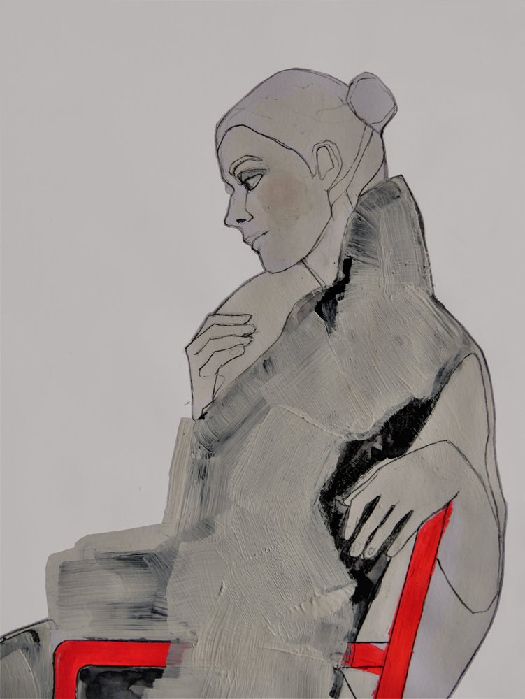 Thoughtful Woman Red Chair by Doris Schmitz