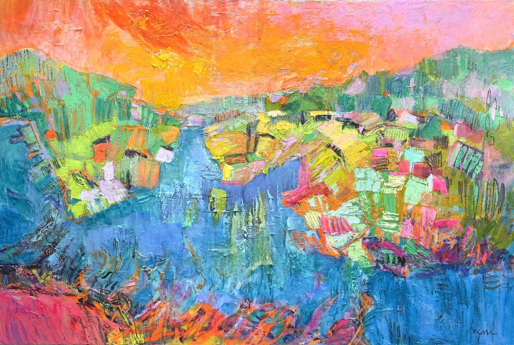 Orange Sky River Village by Dorothy Fagan