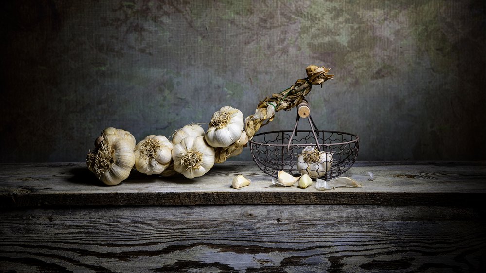 Rustic Garlic Still Life by Felice Angelino