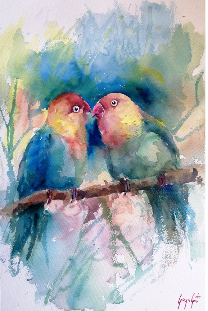 Colorful Lovebirds Watercolor by Giorgio Gosti