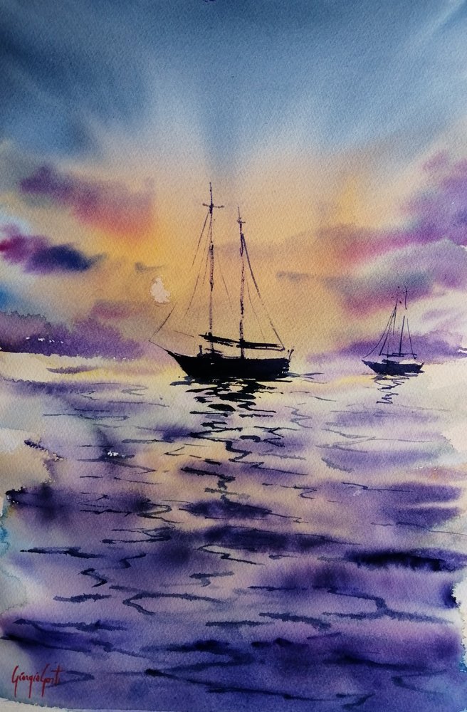 Purple Sunset Sailboats by Giorgio Gosti