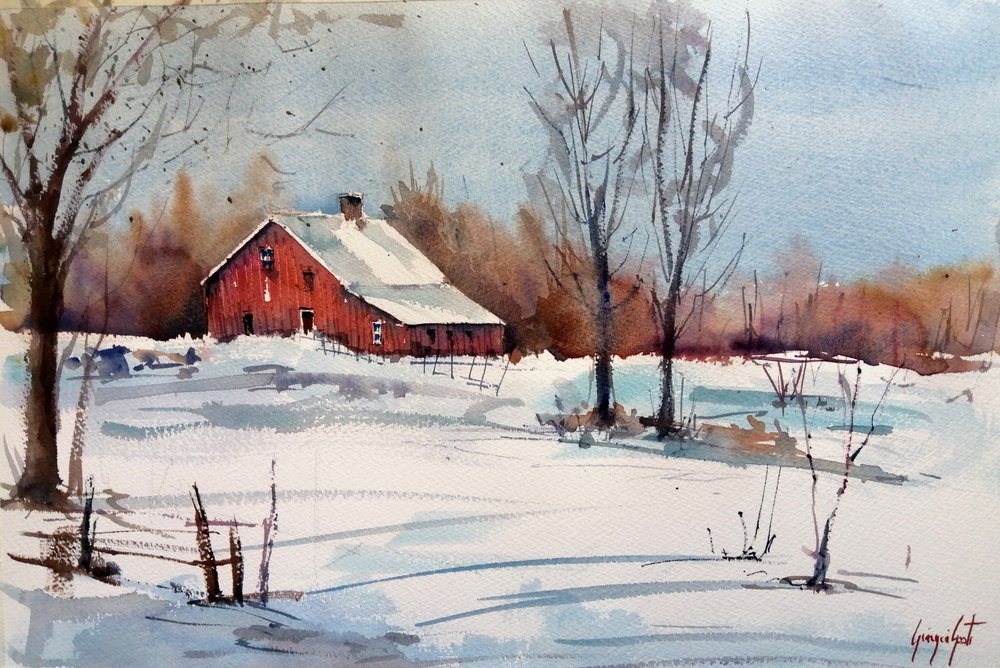 Red Barn Winter Landscape by Giorgio Gosti