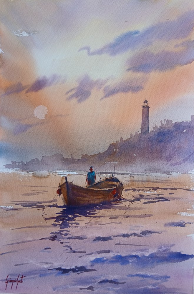 Sunset Lighthouse Boat by Giorgio Gosti