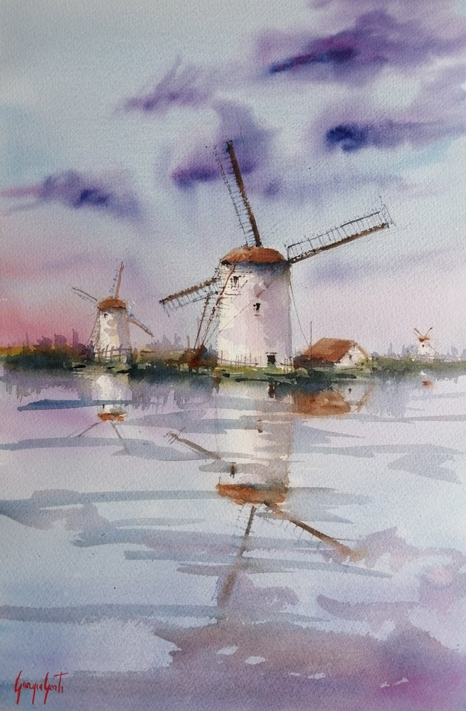 Twilight Windmill Reflections by Giorgio Gosti