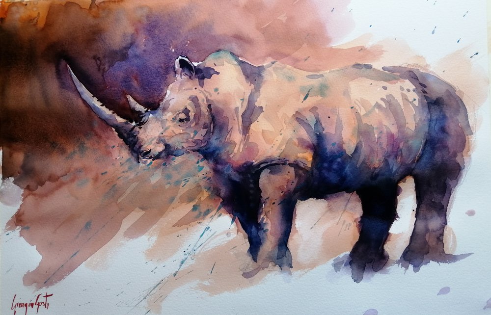 Vibrant Watercolor Rhino by Giorgio Gosti