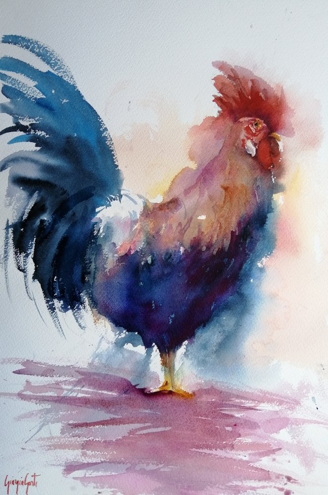 Vibrant Watercolor Rooster by Giorgio Gosti