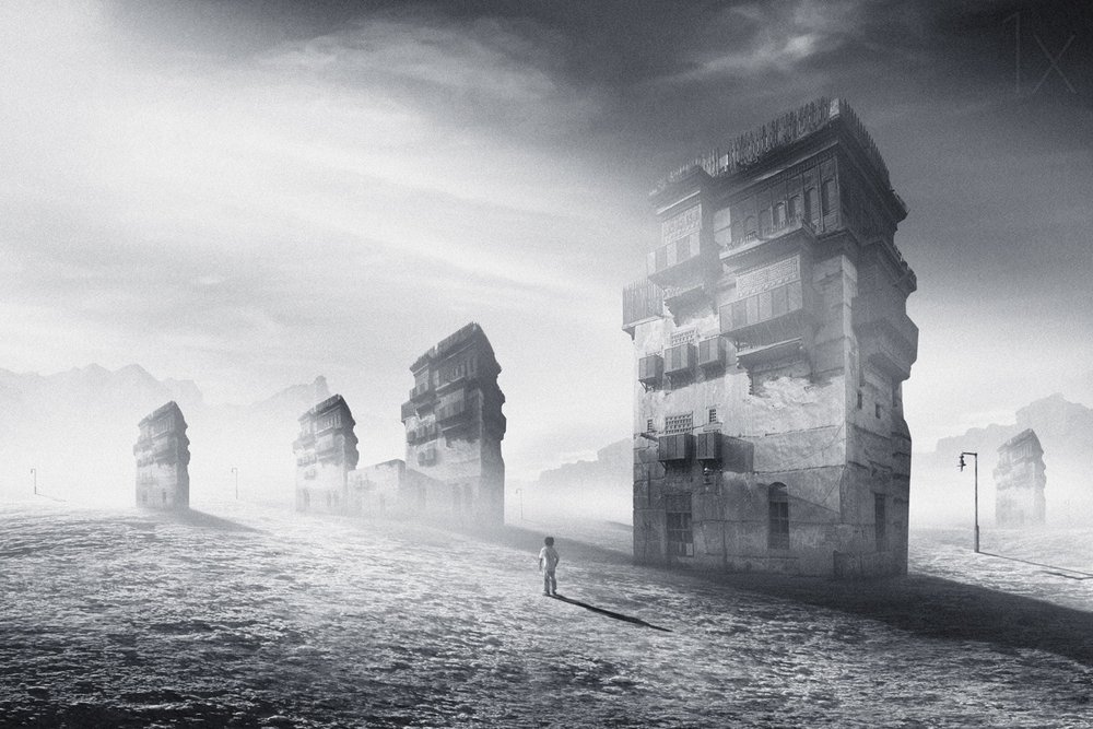 Solitary Figure Ancient City by Hussain Buhligaha
