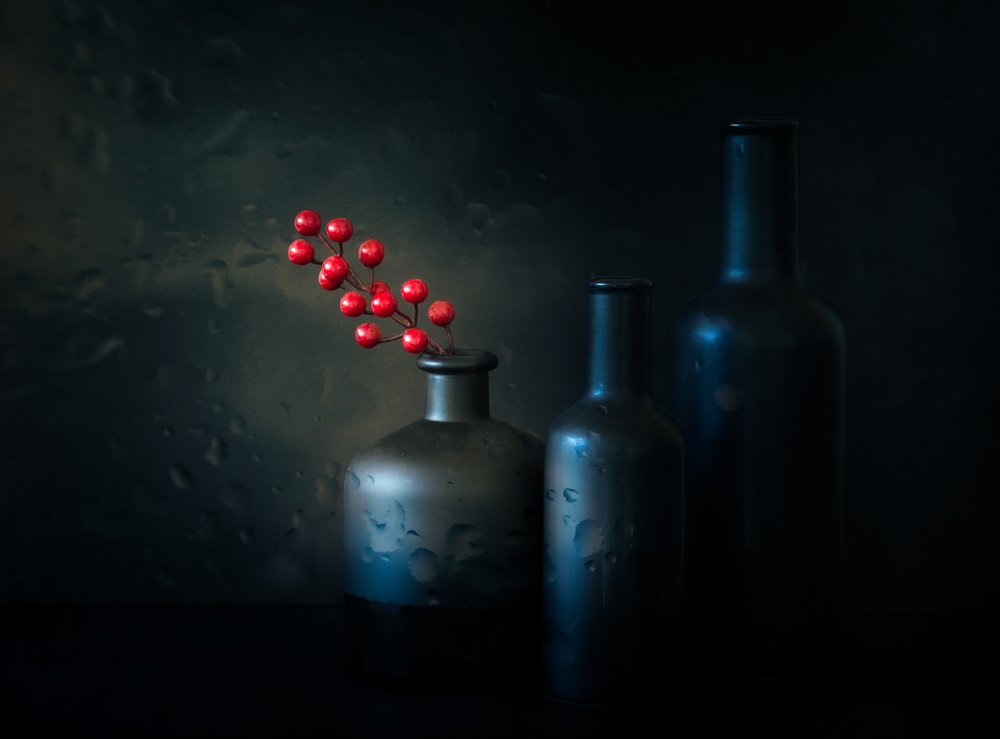 Moody Red Berries Still Life by Jacqueline Hammer