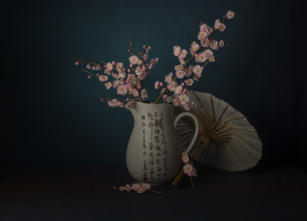 Oriental Pink Blossoms Still Life by John-Mei Zhong
