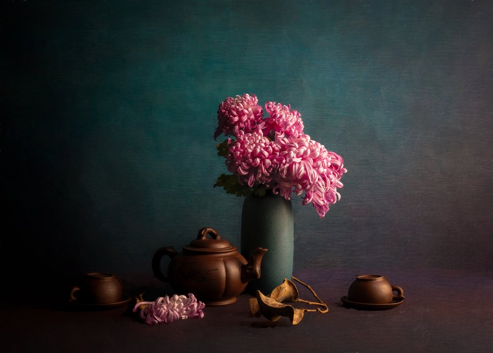 Pink Chrysanthemum Teatime by John-Mei Zhong