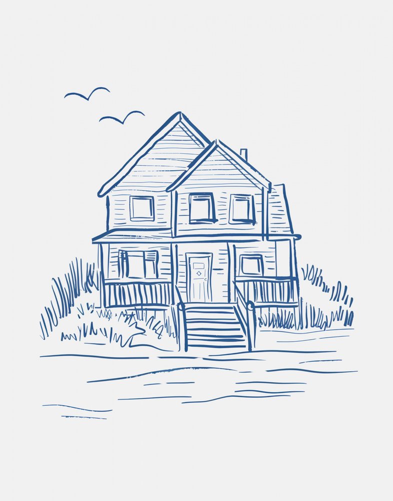 Blue House Line Drawing by Jolly and Dash