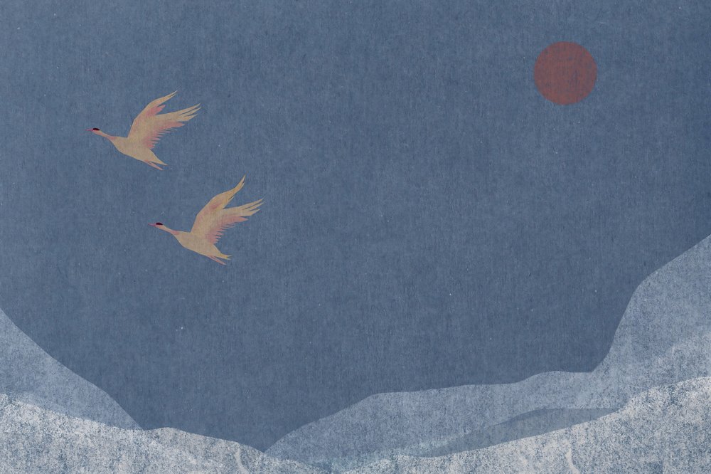 Cranes Over Snowy Peaks by Josie George