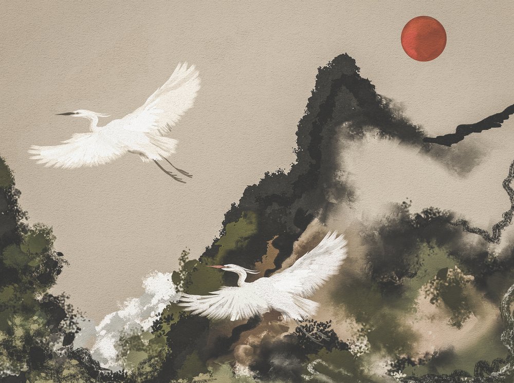 Red Sun Egret Flight by Josie George