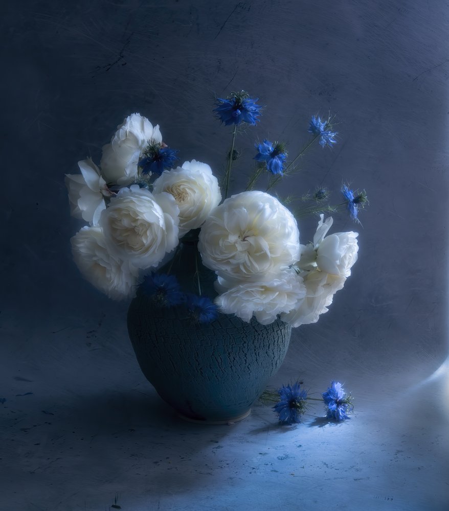 Dark Blue Floral Still Life by Judy Tseng