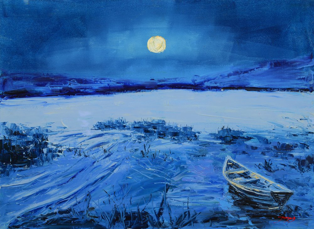 Blue Moonlit Lake Boat by Jukyong Park
