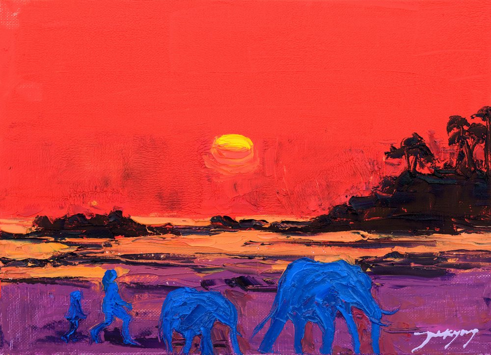 Vivid Sunset Elephants by Jukyong Park