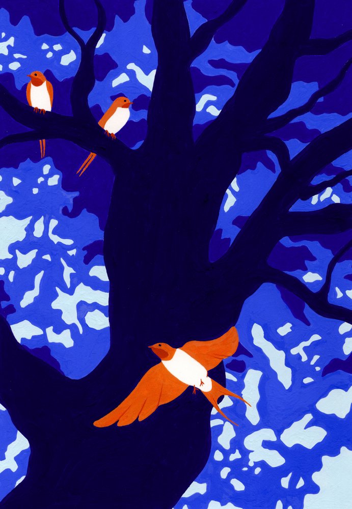 Orange Birds Blue Tree by Julie Lesouef