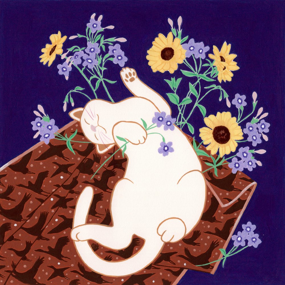 Playful Cat and Sunflowers by Julie Lesouef