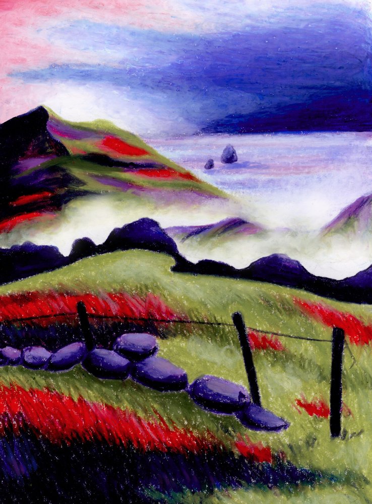 Red Hillside Coastal Mist by Julie Lesouef
