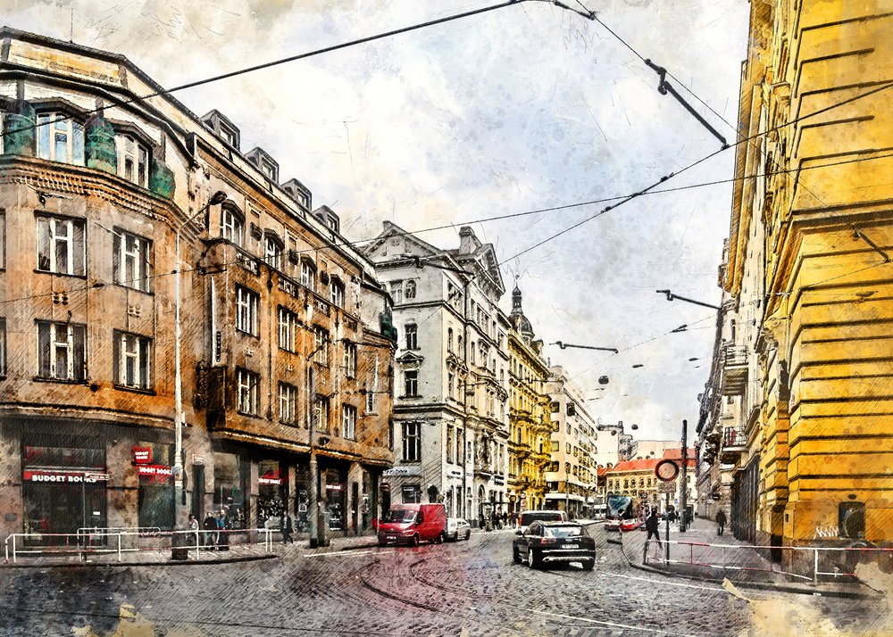 Watercolor European Tram Street by Justyna Jaszke