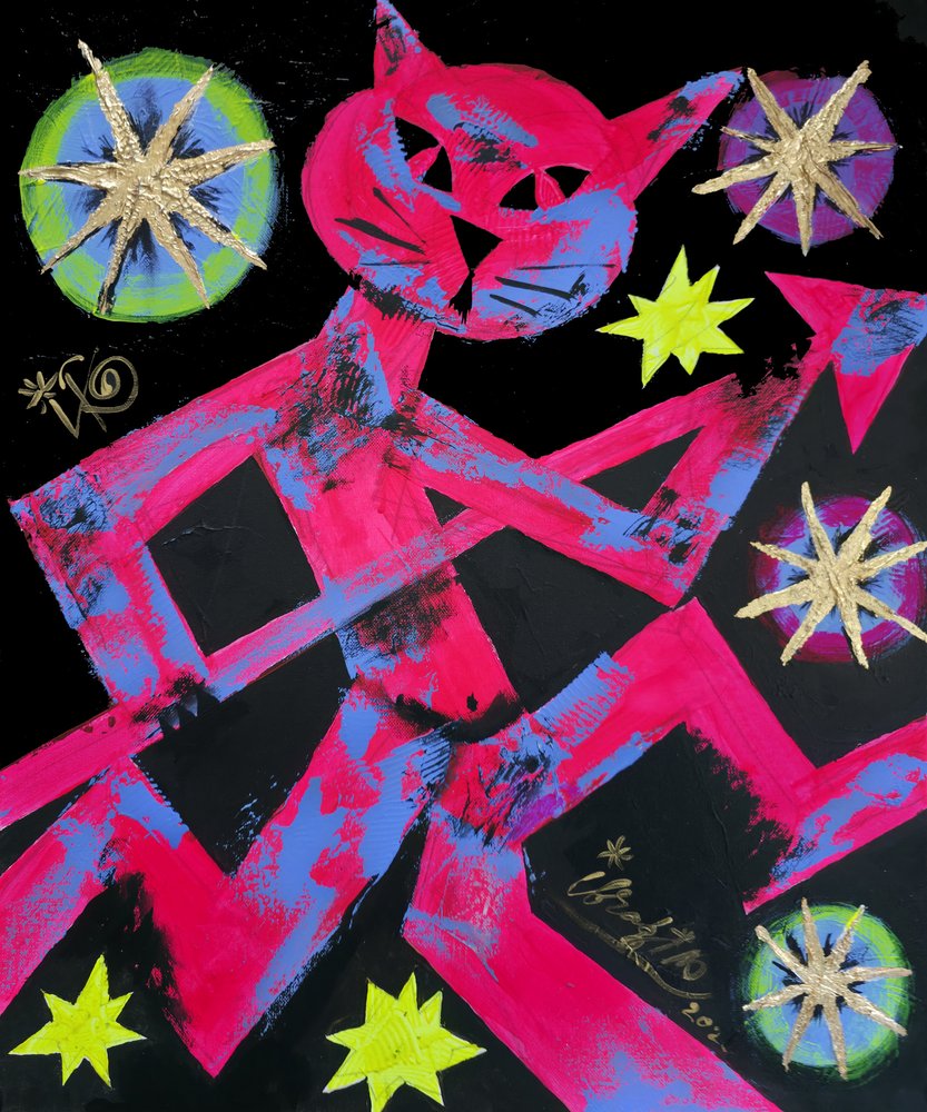 Pink Cat Starry Night by Kanat Ibragimov