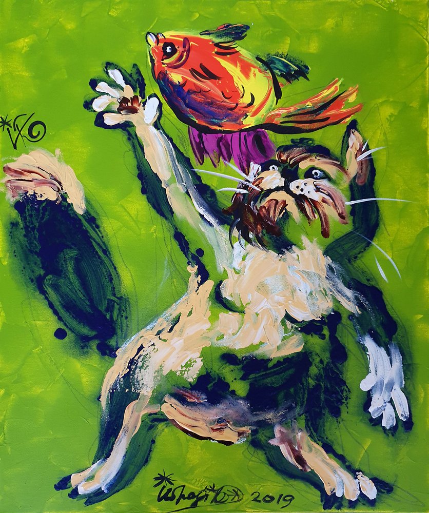 Playful Cat Chasing Fish by Kanat Ibragimov