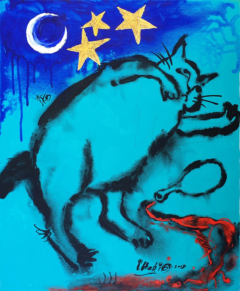 Whimsical Cat Midnight Stars by Kanat Ibragimov