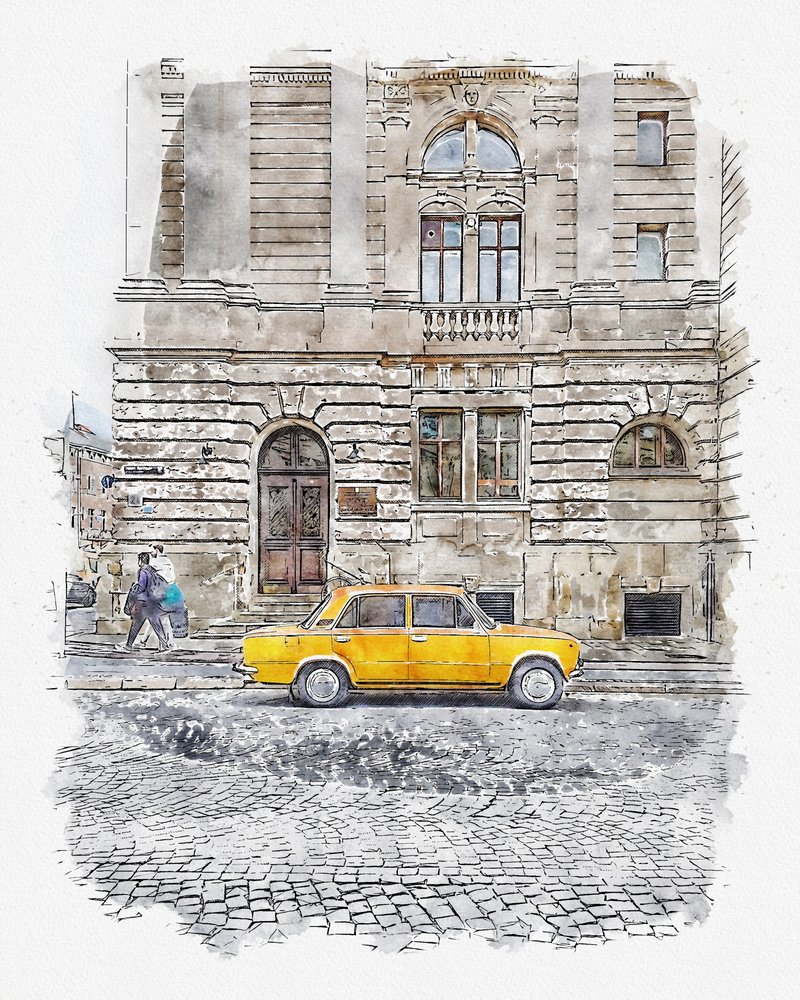 Classic Yellow Car Street by Lembayung senja studio [Vintage Poster]