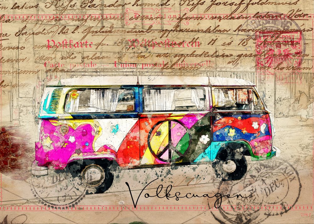 Psychedelic Peace Bus by Lembayung senja studio [Vintage Poster]