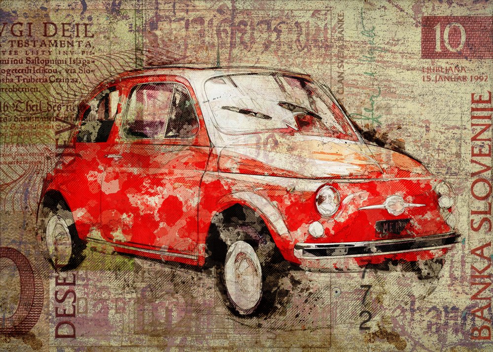 Red Vintage Fiat 500 by Lembayung senja studio [Vintage Poster]