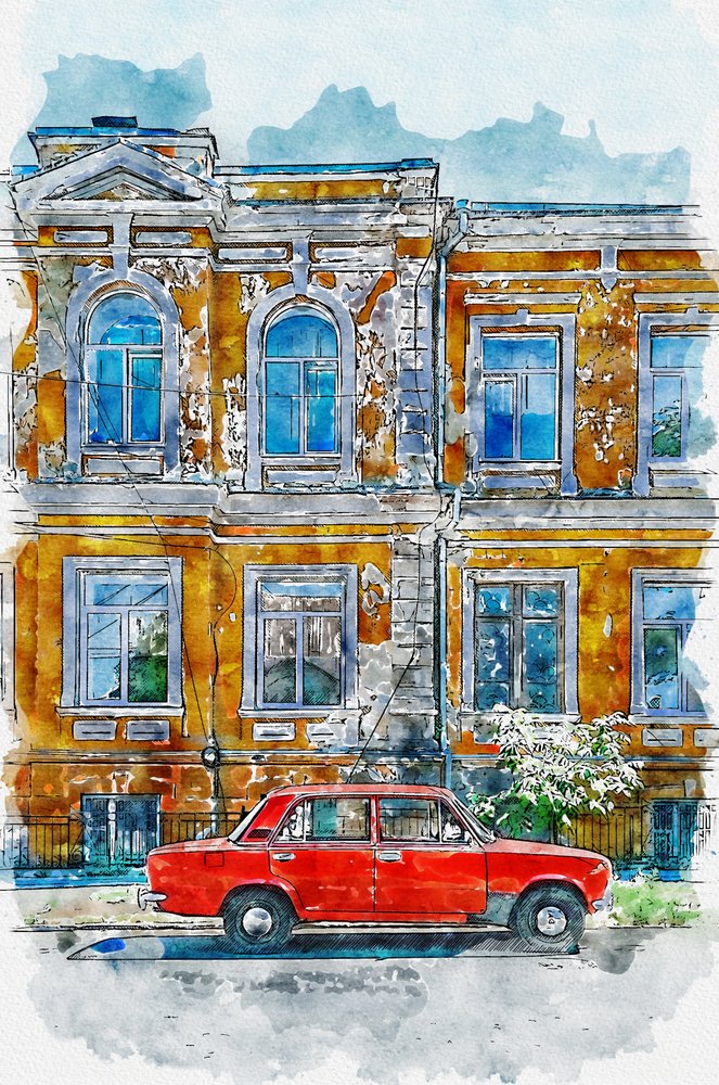 Vintage Car City Building by Lembayung senja studio [Vintage Poster]