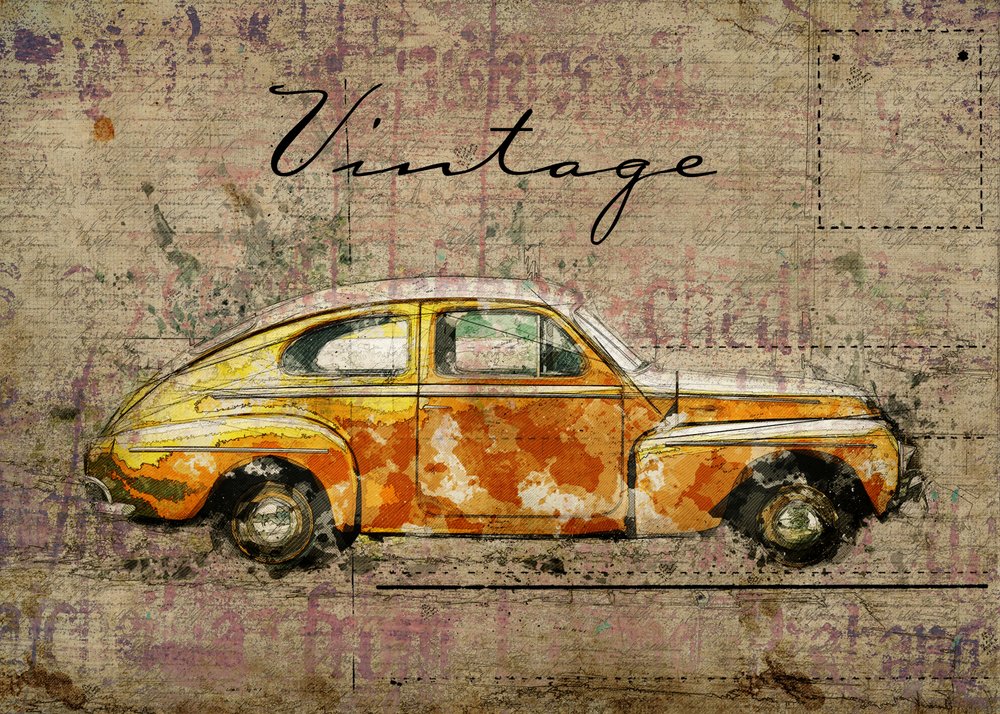 Vintage Orange Car by Lembayung senja studio [Vintage Poster]