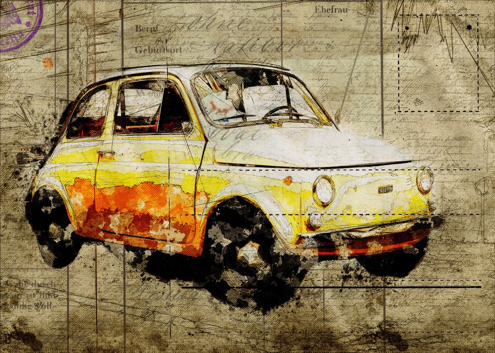 Vintage Yellow Fiat 500 by Lembayung senja studio [Vintage Poster]