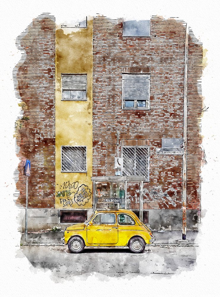 Yellow Classic Street Car by Lembayung senja studio [Vintage Poster]