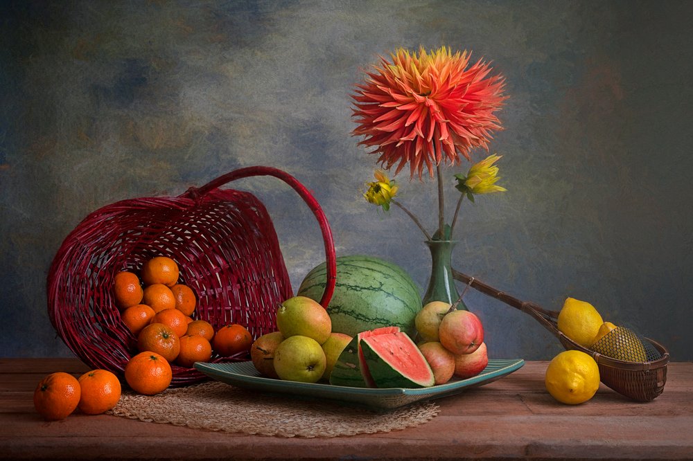 Abundant Fruit and Dahlia by Lydia Jacobs