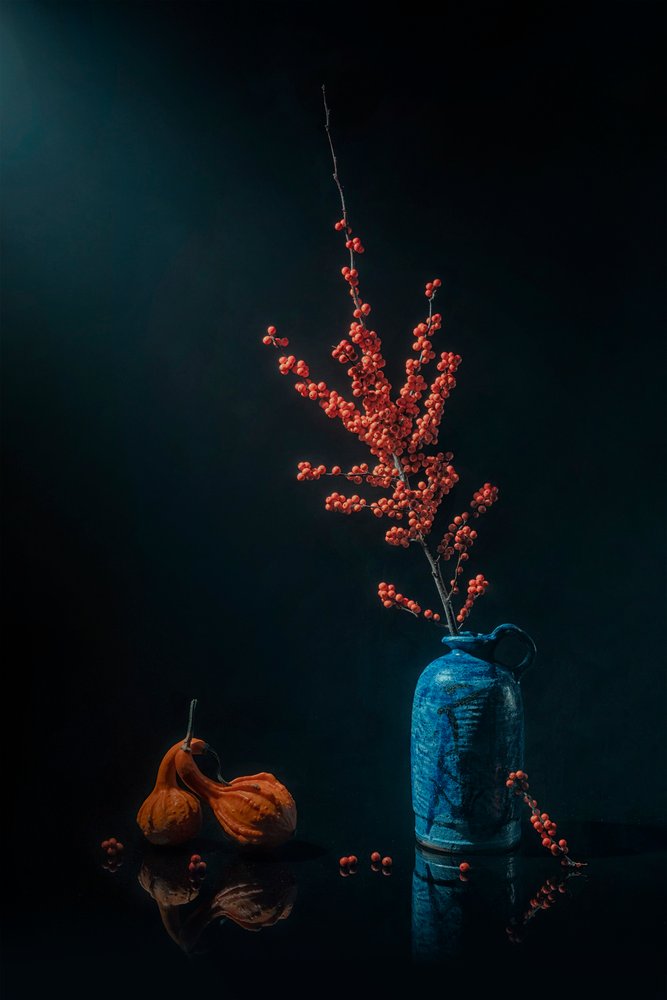 Autumn Berries Blue Vase by Lydia Jacobs